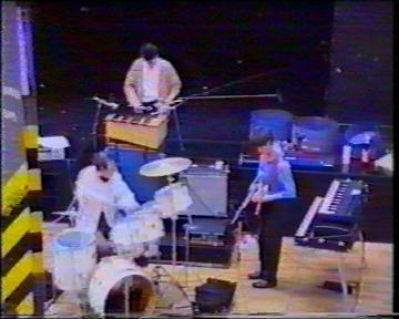 The Durutti Column in rehearsal at FAC 51 The Hacienda on 16 August 1987; (from the balcony) (l-r) Bruce Mitchell, John Metcalfe, Vini Reilly