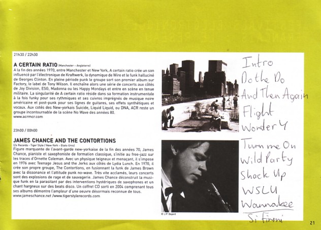 Nuits Sonores 2005; A Certain Ratio live at Les Subsistances, 7 May 2005 - handwritten setlist