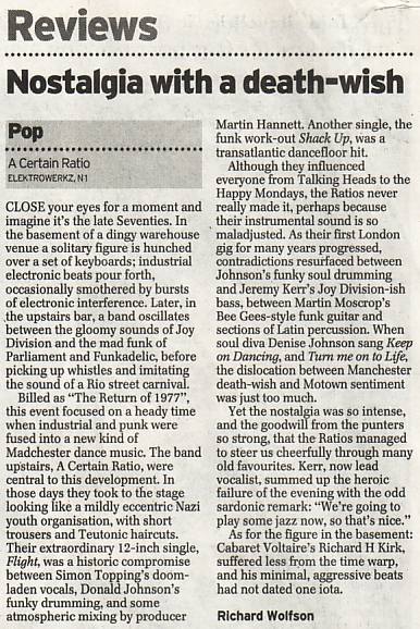 Daily Telegraph review of ACR live at Electrowerkz, Islington, London on Friday 29 March 2002