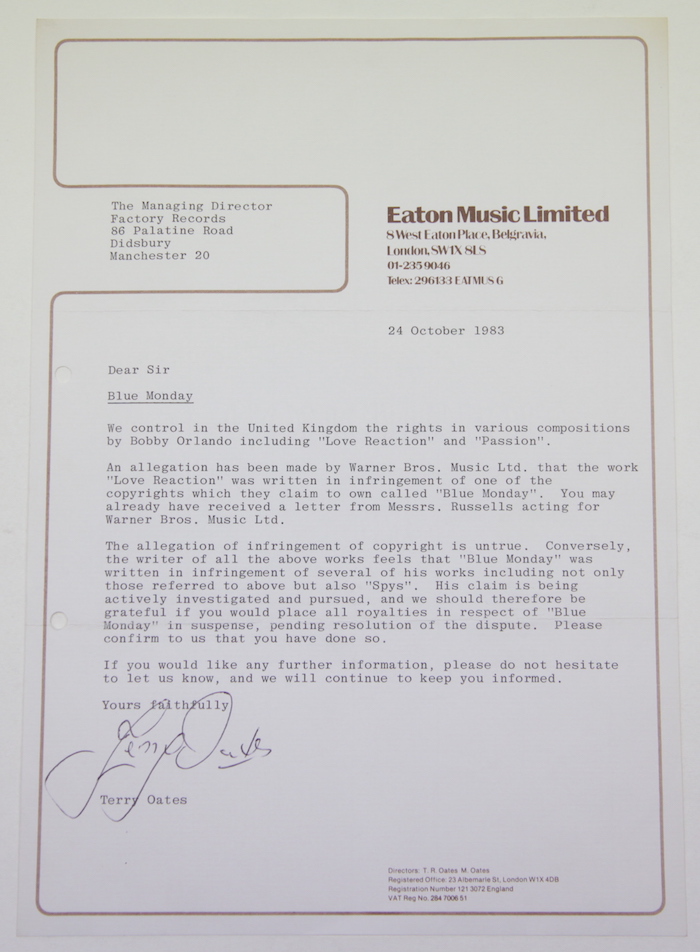 Transcript of original letter to Factory Records concerning copyright issues around Blue Monday by New Order
