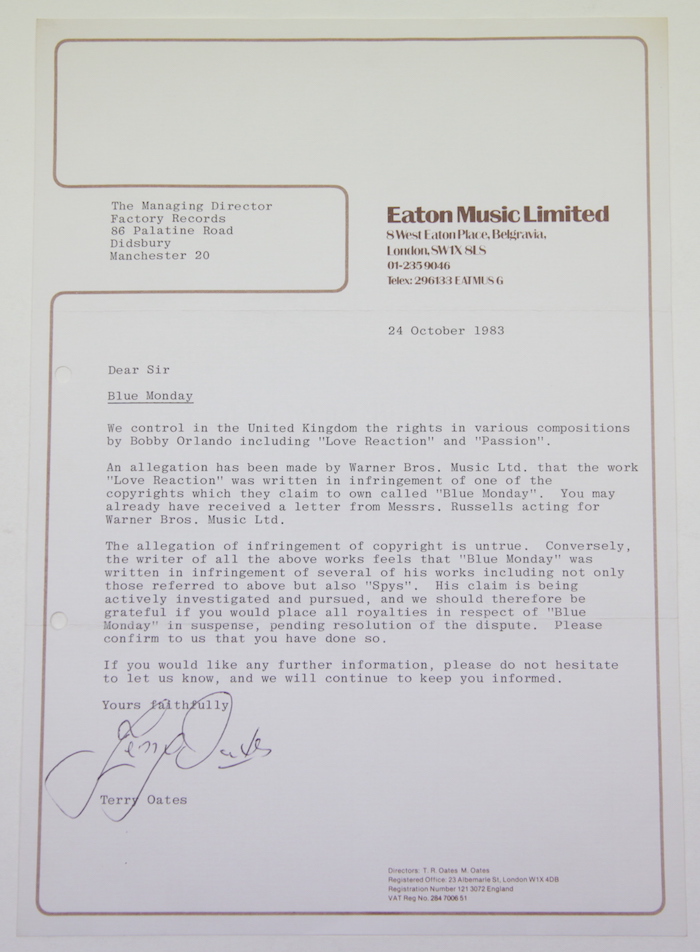 Transcript of original letter to Factory Records concerning copyright issues around Blue Monday by New Order