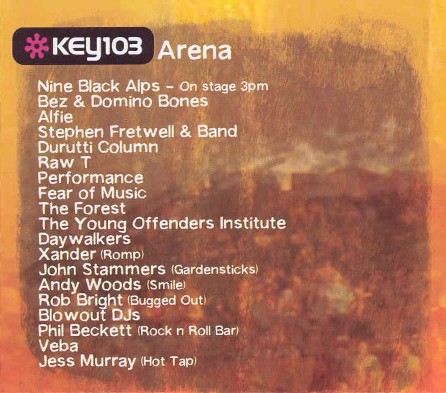 Dpercussion 05; flyer detail showing bands playing the Key 103 Arena