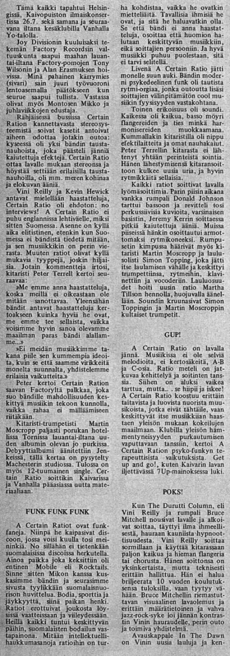 The Durutti Column live at Kaivopuisto Park, Helsinki, 24 July 1981; review in Finnish