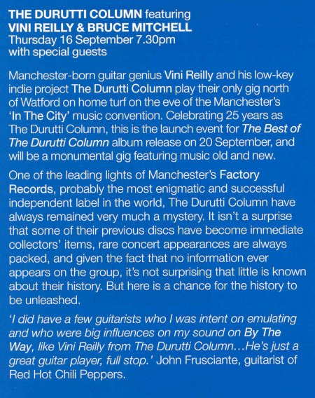The Durutti Column - Live at Bridgewater Hall, Manchester, Thursday 16 September 2004; flyer back detail