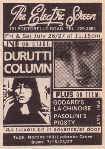 The Durutti Column - Electric Screen, London, Friday and Saturday 26/27 July 1985; advert for gig in NME 27 July 1985