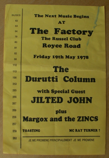 The Durutti Column - The Factory, Manchester, Friday 19 May 1978; flyer