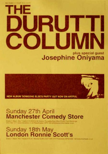 Flyer for The Durutti Column live at Manchester Comedy Store, Sunday 27th April and Ronnie Scott's, London, Sunday 18 May