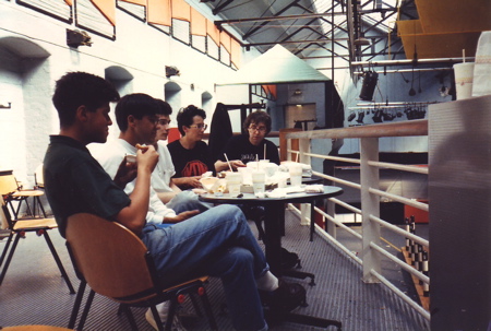 The Durutti Column in rehearsal at FAC 51 The Hacienda [l-r: Thierry, Frédéric, Alain, Sylvie (with the Ikon logo t-shirt), Pascal]