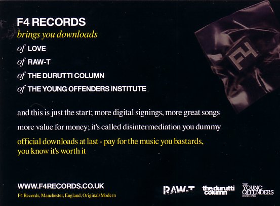 F4 Records brings you down loads of love; postcard back detail
