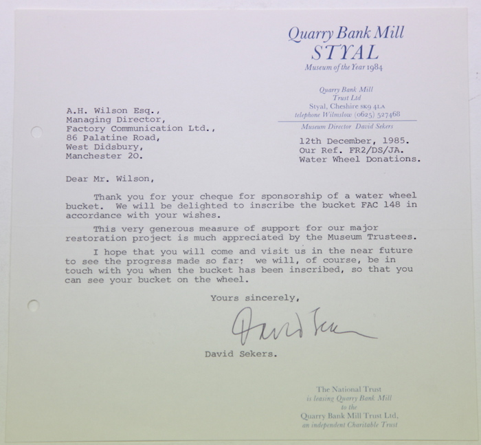 FAC 148 Quarry Bank Mill water wheel letter to Tony Wilson