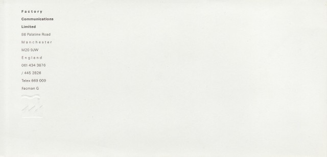FAC 141 Third Generation Factory Records Stationery; compliments slip