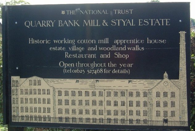 FAC 148 Quarry Bank Mill water wheel bucket; the main sign outside the Mill
