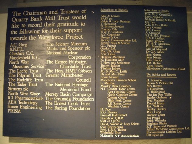 FAC 148 Quarry Bank Mill water wheel bucket; the list of sponsors