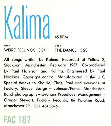 FAC 187 Weird Feelings / The Dance; back cover detail