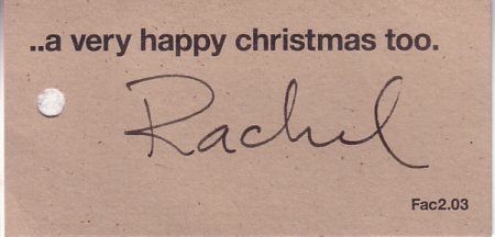 Fac 2.03 Christmas card tag signed by Rachel Morris