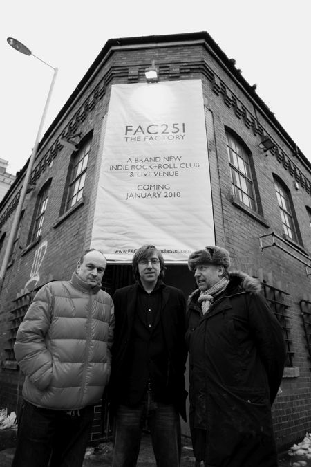 Ben Kelly, Aaron Mellor and Peter Hook outside FAC 251 The Factory; [photo credit: Kevin Cummins]