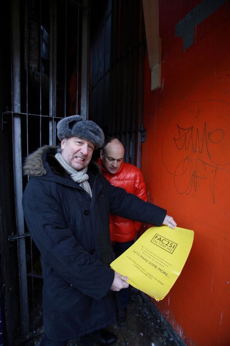 Peter Hook and Ben Kelly outside FAC 251 The Factory; [photo credit: Kevin Cummins]