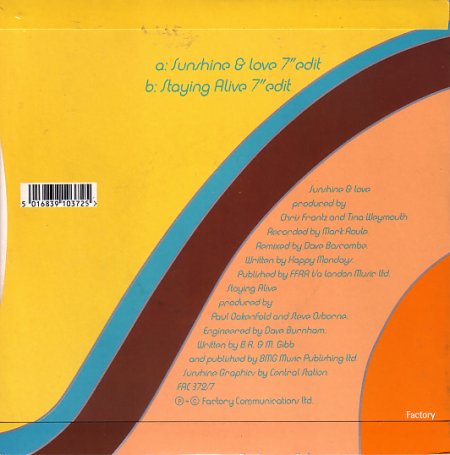 FAC 372 Sunshine and Love; 7-inch single back cover
