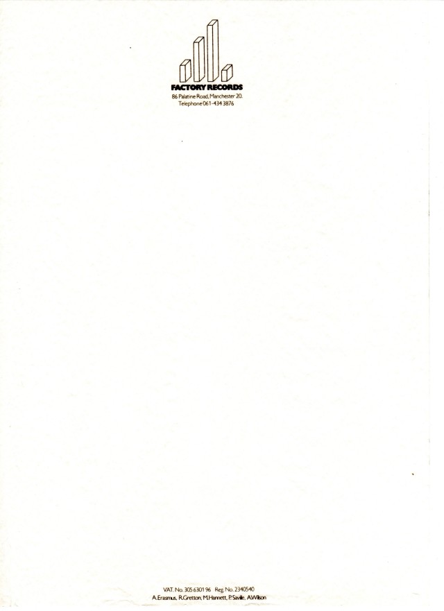 FAC 7 First Generation Factory Records Stationery; letterhead