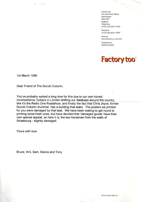 Factory Too letter sent out with Fac 3.11 The Return of the Durutti Column 1967 poster