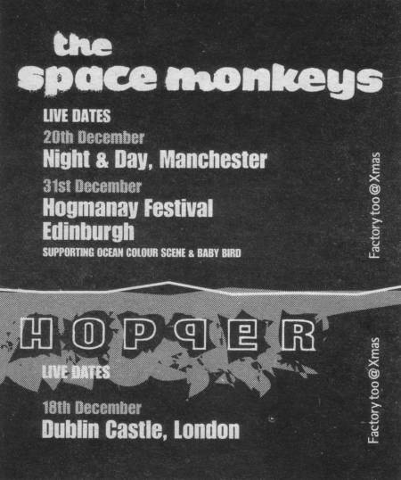 Factory Too @ Xmas - advert in NME 21-28 December 1996 for Christmas gigs by The Space Monkeys and Hopper