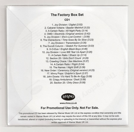 Factory Records: Communications 1978-92 box set [Rhino]; promo disc one back cover detail