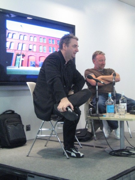 Hacienda 25: The Exhibition - FAC 491; Peter Hook talk - Paul Morley and Peter Hook on stage [photo © Michael Eastwood]