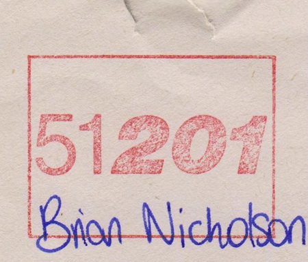 Red ink postal frank-type stamp bearing 51 201 Hacienda / Dry logo as applied to an envelope  sent to Ikon's Brian Nicholson