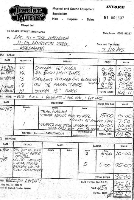 FAC 51 The Hacienda; invoices from Tractor Music for sound and lighting repairs [3 of 3]