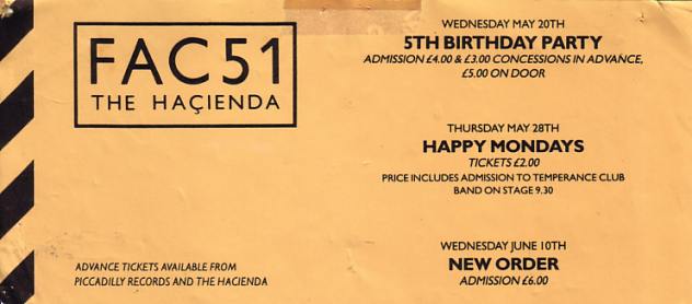 Flyer for May/June 1987 events at Fac 51 The Hacienda including 5th Birthday, Happy Mondays and New Order