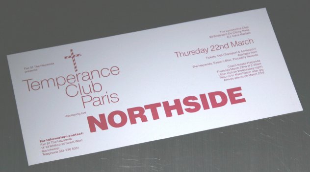 FAC 51 The Hacienda - Temperance Club Paris - Northside - Thursday 22nd March; detail of flyer