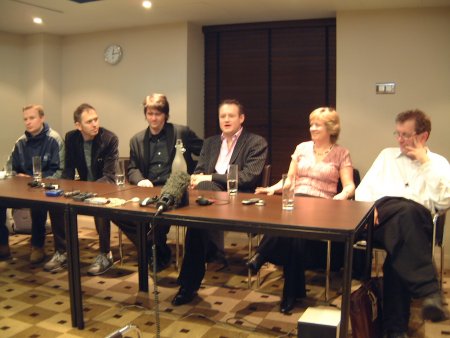 Control - Press conference held at Peel Suite, Radisson Edwardian, 7 January 2005; left to right: Matt Greenhalgh, Anton Corbijn, Orian Williams, Todd Eckert, Deborah Curtis, Tony Wilson