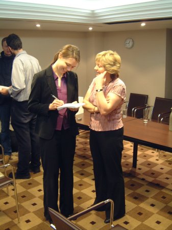 Control - Press conference held at Peel Suite, Radisson Edwardian, 7 January 2005; Deborah Curtis (right) and journalist