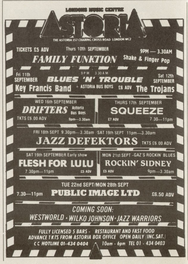 The Jazz Defektors live at The Astoria, 18-19 September 1987; press advertising