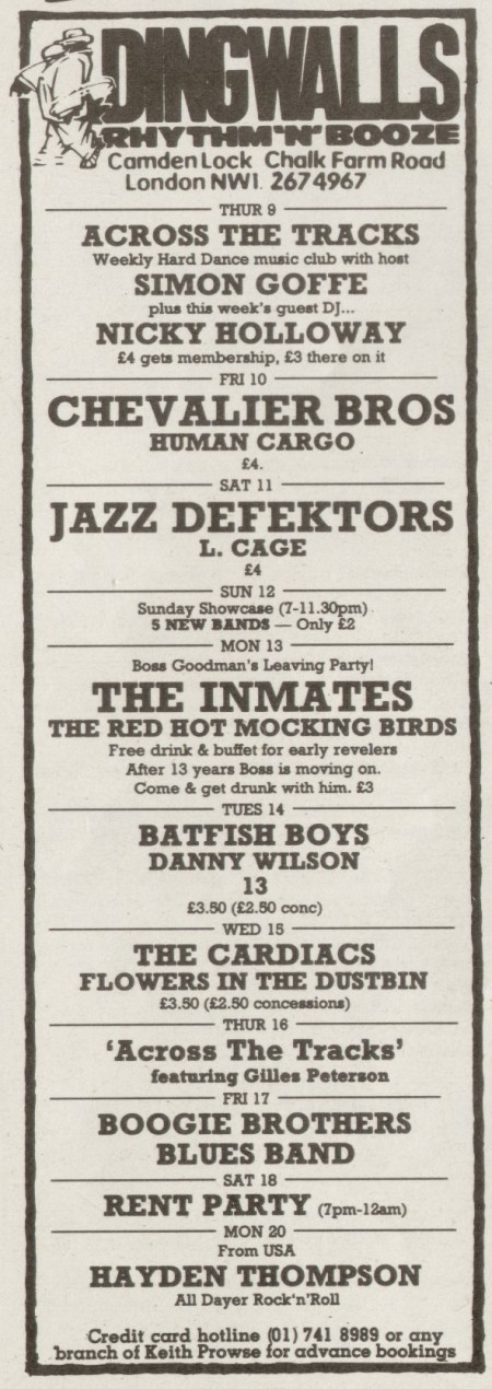 The Jazz Defektors live at Dingwalls, 11 April 1987; press advertising