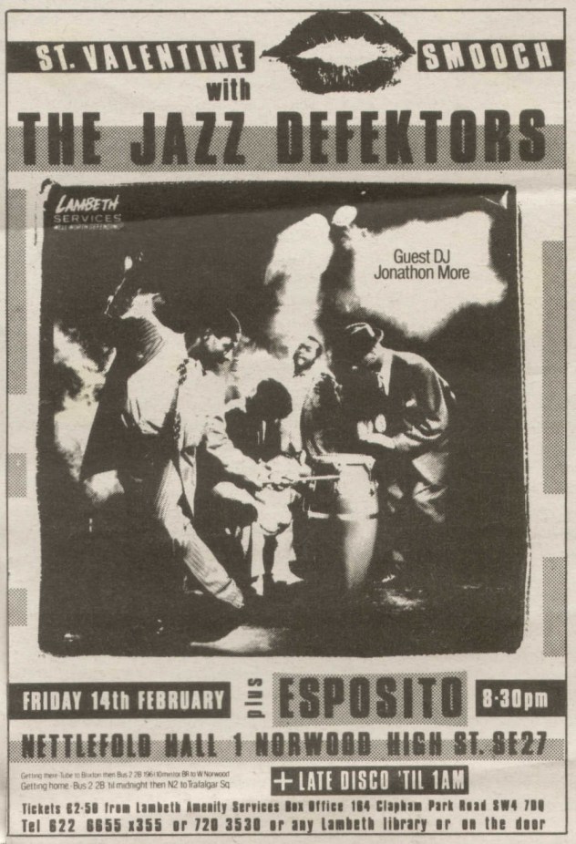 The Jazz Defektors live at St Valentine Smooch, Nettlefold Hall, Norwood, 14 February 1986; press advertising