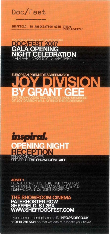 Joy Division film documentary; invitation to European Premiere, 7 November 2007, Sheffield