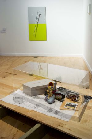 International Orange Stanley Picker Gallery installation view foreground: FAC 51-Y3 THE HAÇIENDA Ben Kelly and Peter Saville Hacienda 25th anniversary trainers and packaging 2007 photo: www.ellielaycock.com
