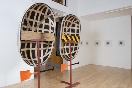International Orange Stanley Picker Gallery installation view foreground: Coracles I & II Ben Kelly and Michael Marriott, 2008 photo: www.ellielaycock.com