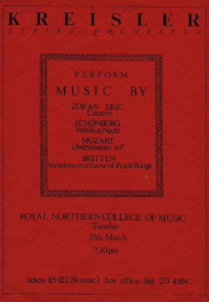 Flyer for Kreisler String Orchestra concert at the Royal Northern College of Music, Manchester, UK