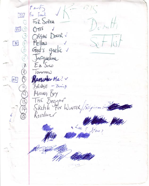 Handwritten setlist for The Durutti Column live at The Lewes Guitar Festival 2002