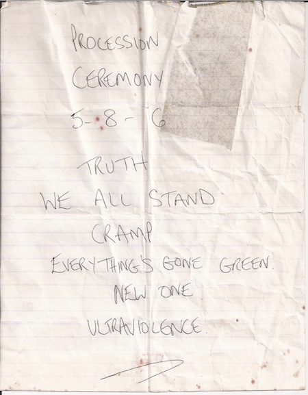 New Order live at The Venue, Blackpool, 30 August 1982; handwritten setlist