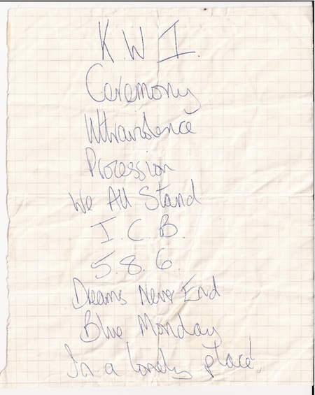 New Order live at Victoria Hall, Hanley, 10 May 1983; handwritten setlist