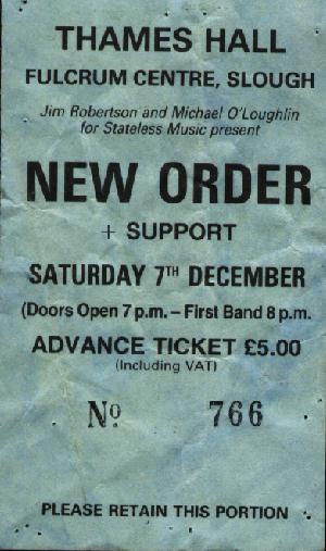 New Order live at Slough Fulcrum - Saturday 7 December 1985; ticket detail