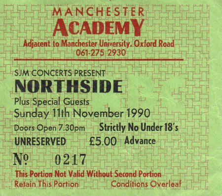 Northside Live at Manchester Academy 11 November 1990; detail of ticket