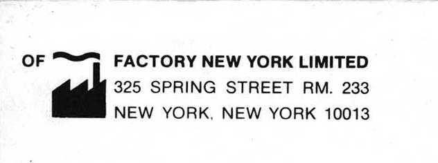 Of Factory New York mail order catalogue; detail of logo and mailing address