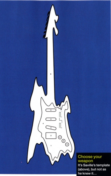 Peter Saville's guitar cut-out giveaway for the UK PSP launch; detail of guitar from Arena magazine August 2005