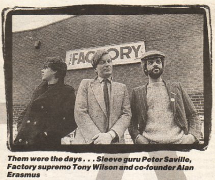 Peter Saville, Tony Wilson and Alan Erasmus standing outside The Factory; photo by Kevin Cummins