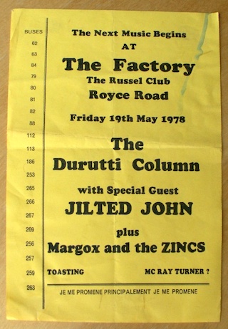 The Durutti Column live at The Factory 19 May 1978; flyer for first ever gig