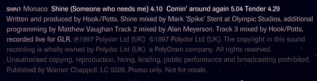 Monaco - Shine (Someone Who Needs Me) promo cd single in card sleeve; back cover detail
